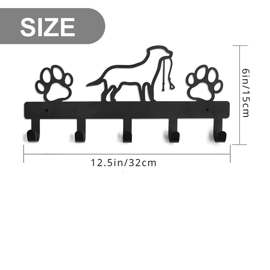 CIFBUY Wandregal mit 5 Metallpfoten-Aufhängern für Hunde, Organizer aus Eisen in Schwarz, B/T/H: 32,0 x 15,0 x 4,0 cm - Bild 2