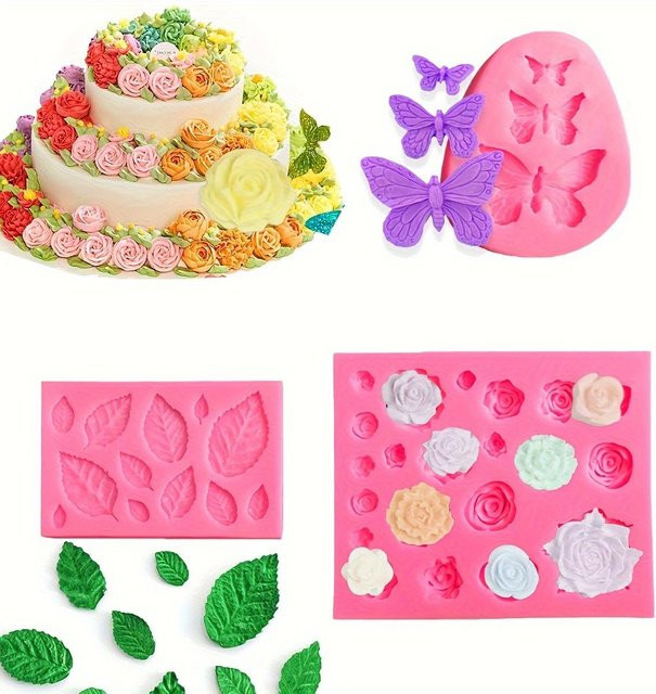 SZ-Damai Silikonform Set für Rose und Blätter zum Backen und Dekorieren von Kuchen und Schokolade, 3 Stück, Pink - Bild 1