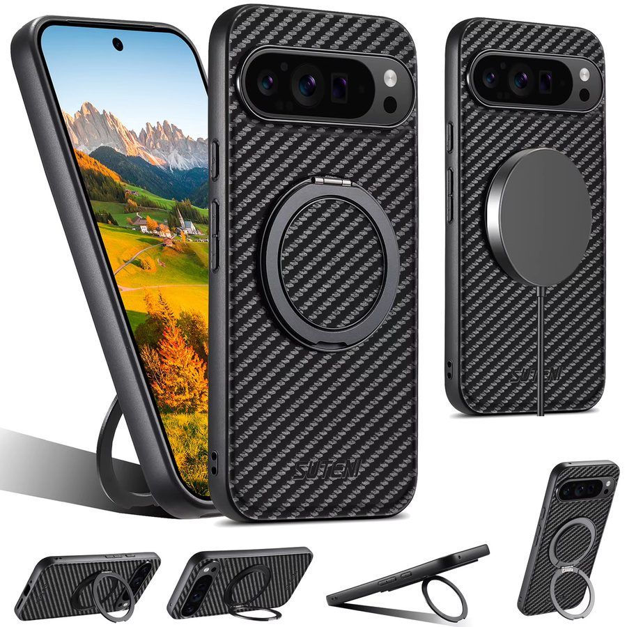 SUTENI Kunstleder Handyhülle mit Magnet und 360 Grad drehbarem Ständer sowie Ringschnalle für Google Pixel 10 Pro XL 9 8a 7 6 in Schwarz - Bild 2