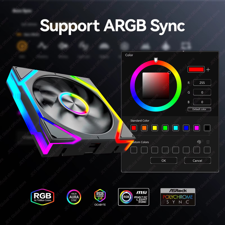 JEYI ARGB PC-Lüfter mit Hydro-Lager und Infinity-Spiegel, 12 cm, Multicolour, 5V3pin PWM, 800-2000RPM - Bild 3