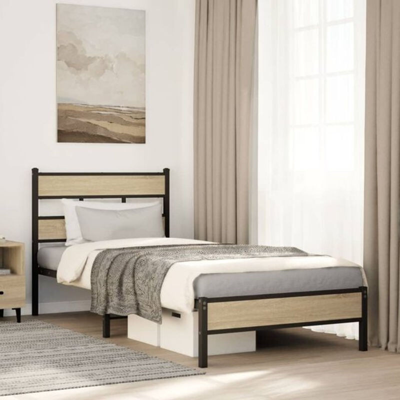 Vidaxl Einzelbett Bettgestell aus Holzwerkstoff und Metall in Eiche Natur und Braun B/T/H: 90 x 190 x 95 cm - Bild 1