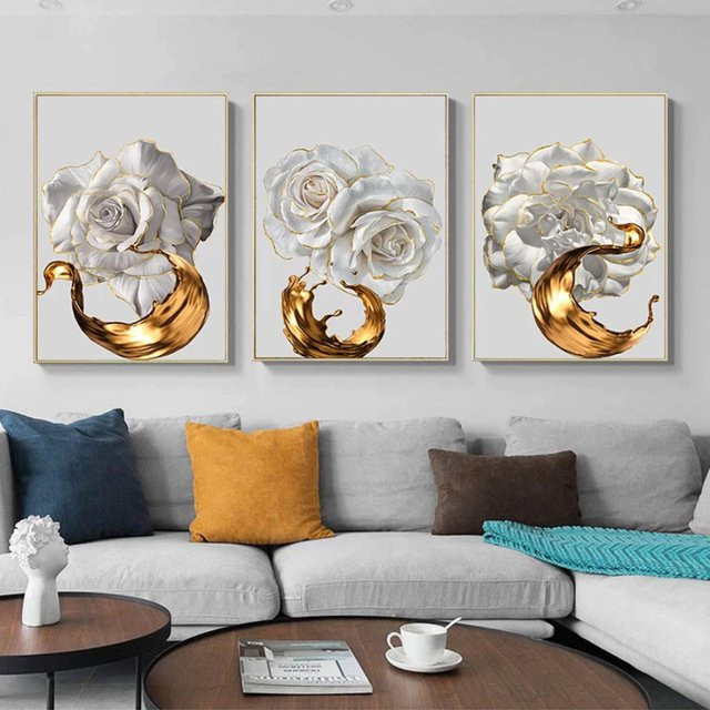 TPFLiving Luxus Poster Leinwand Set mit goldenen und weißen Rosen, 3 Motive, B: 70 cm, H: 105 cm, ohne Rahmen - Bild 1