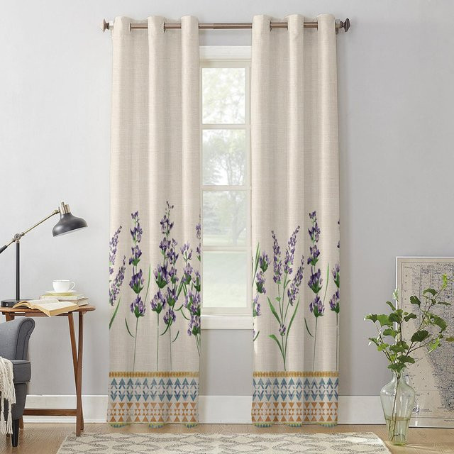 Binchi Outdoor Equipment Boho Fenstervorhang Lavendelblüten in Beige, halbtransparentes Stoffpanel mit Ösen, Breite: 135 cm, Höhe: 115 cm - Bild 1