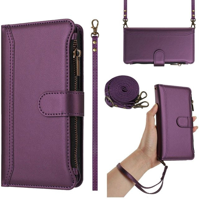 Leder-Brieftasche als Klapphülle für Google Pixel Modelle mit Kartenfächern, Reißverschlusstasche, Crossbody-Riemen und Handgelenkschlaufe in Gold und Lila - Bild 1