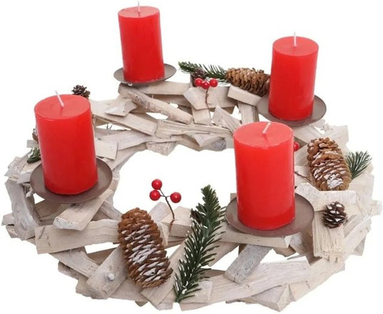 MCW Adventskranz aus Holz in Weiß-Grau mit roten Blockkerzen, Durchmesser: 40 cm