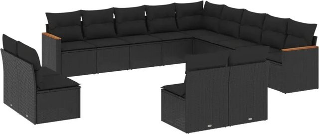 vidaXL 13-tlg. Garten-Sofagarnitur aus Poly-Rattan und Akazienholz in Schwarz mit Kissen und Stauraum - Bild 1