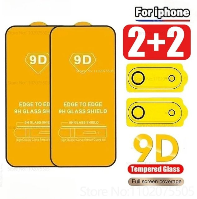 4-teiliges Schutzset für iPhone mit 2 Ultra-HD-Hartglas Displayschutzfolien mit schwarzem Rand und 2 Kameraschutzfolien in Schwarz und Transparent - Bild 1