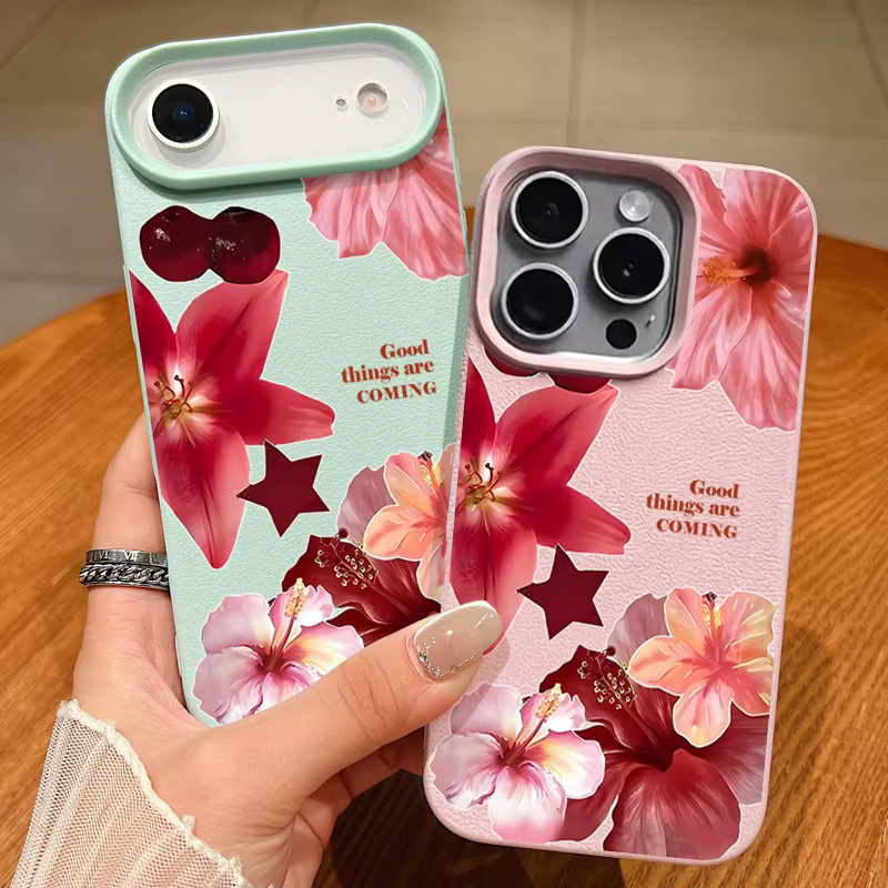 MOESOE Handyhülle mit realistischem Blumenmuster für iPhone 17 16 15 14 13 12 Pro Max und weitere Modelle, stoßfeste TPU Softcover mit Lederstruktur in Orange Multicolour - Bild 3