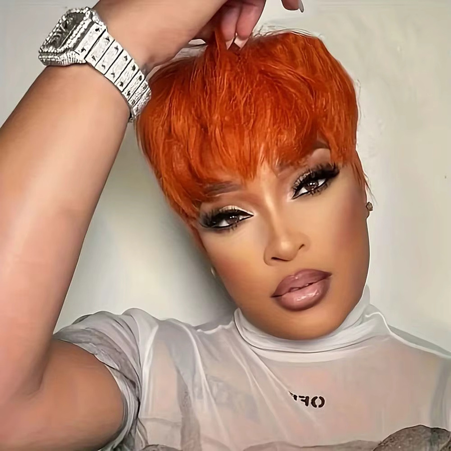 OYM HAIR Pixie-Perücke mit Pony, orangefarben, kurzes Echthaar, Damen - Bild 2