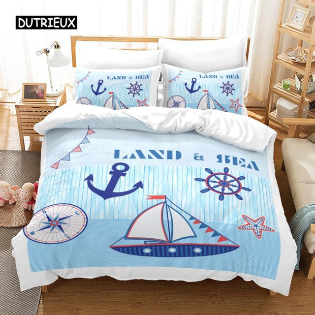 Bettwäsche-Set mit Marine-Anker-Muster in Blau von Binchi Outdoor Product für Kinder und Teenager, B/H: 135 x 200 cm - Bild 1