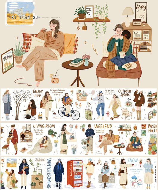 ZiYuanSu Studio Vintage Washi PET Tape mit Winter-Girl-Motiv für Scrapbooking und DIY-Kartenherstellung, Mehrfarbig - Bild 1