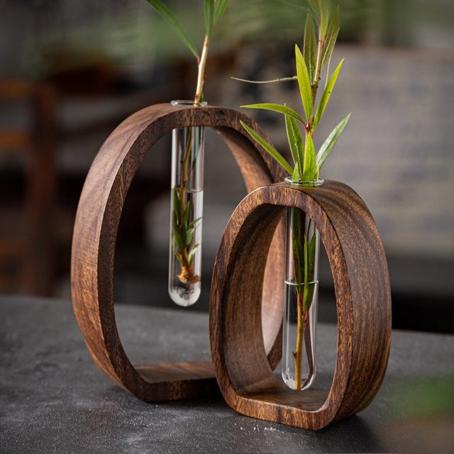 YTYIN 2-teiliges Set Hydroponischer Pflanzenbehälter aus Glas und Walnussholz in Braun für Desktop-Terrarium und Bonsai-Dekoration - Bild 1