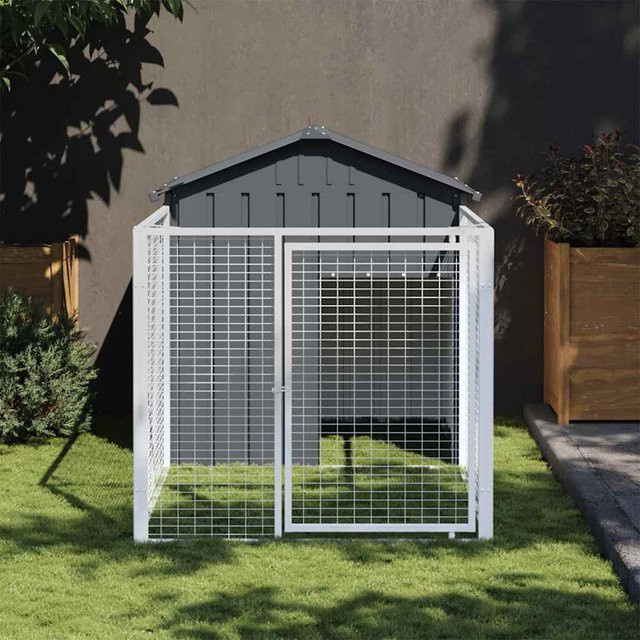 vidaXL Hundehütte mit Auslauf aus verzinktem Stahl in Anthrazit, B/T/H: 201 x 117 x 123 cm - Bild 2