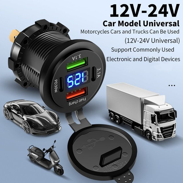 48W USB-Ladegerät mit vier Ports, PD und QC3.0, Digital-Display, Schwarz, für Auto, Wohnmobil, SUV und Boote - Bild 1