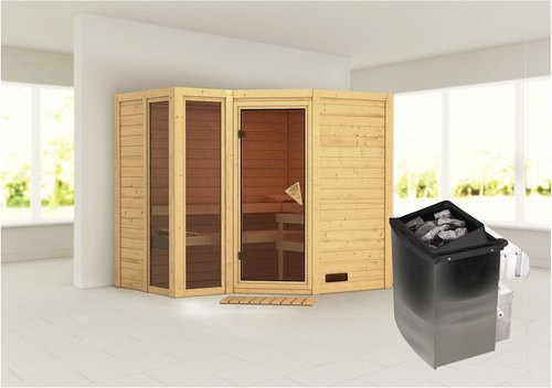 Karibu Sauna Kunda aus Fichtenholz in Beige inklusive 9 kW Saunaofen mit integrierter Steuerung für 4 Personen, B/T/H: 236 x 184 x 209 cm - Bild 1