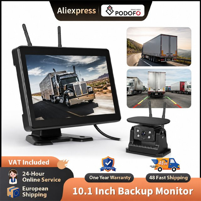 Podofo Drahtloses Rückfahrkamera-Kit mit 10,1 Zoll IPS HD Display und IP68 wasserdichter Rückfahrkamera mit Aufnahmefunktion für 12V/24V LKW Bus Auto und Wohnmobil in Schwarz - Bild 1