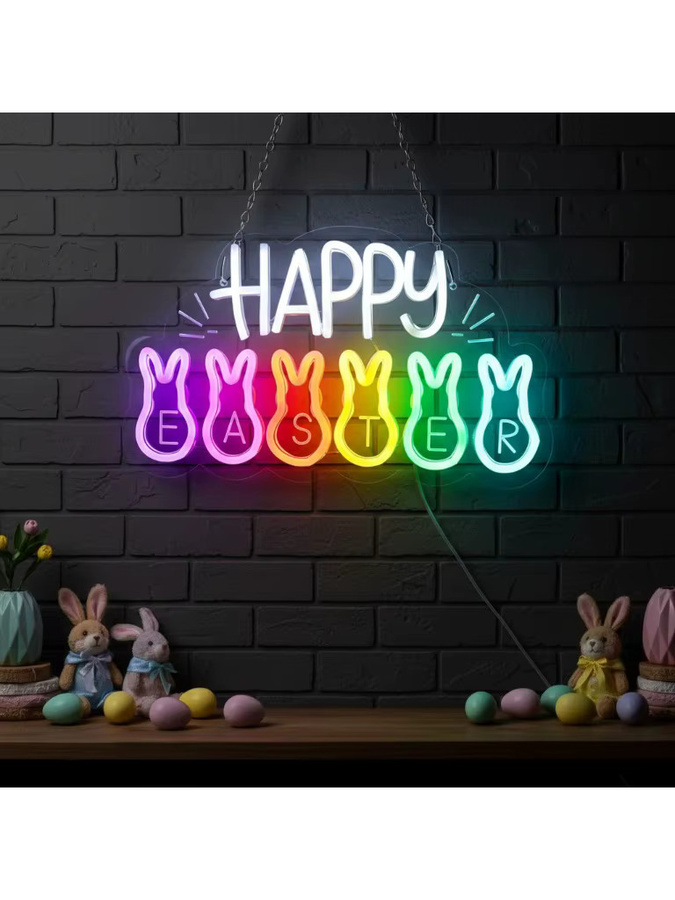 Dimmbares Neon-Schild Happy Easter in Multicolour als Wanddekoration für deine Osterparty, das per USB betrieben wird - Bild 5