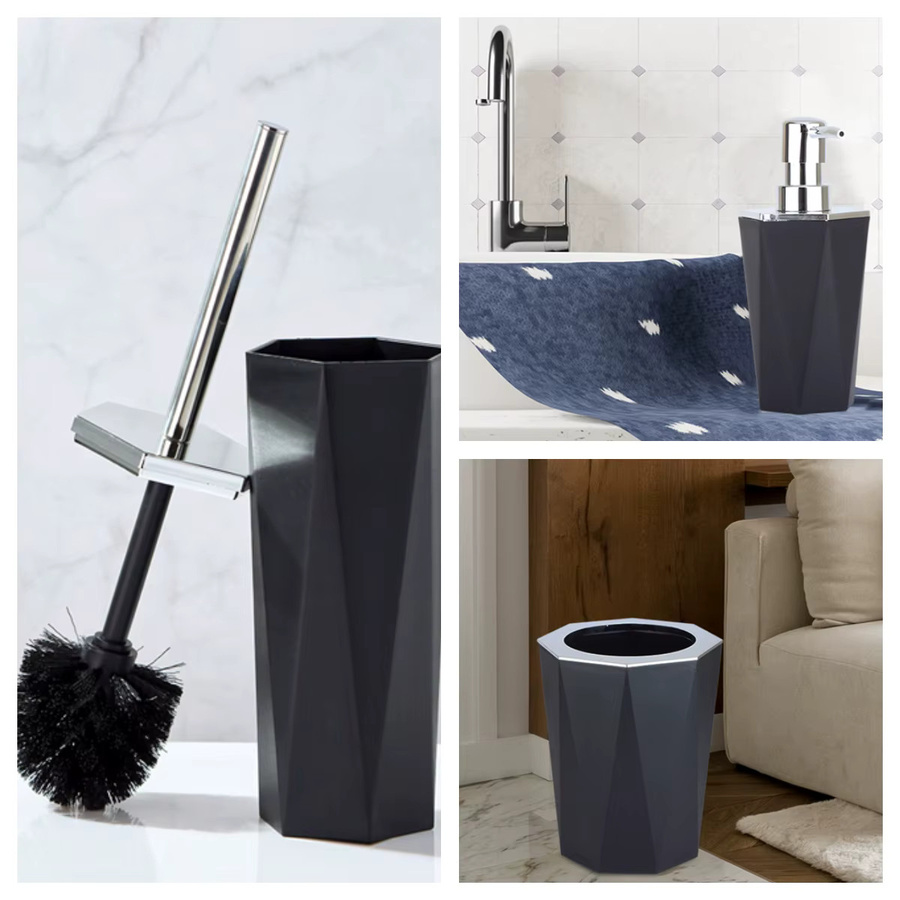 Modernes Badezimmer Set aus Kunststoff in Grau bestehend aus Zahnbürstenhalter, Becher, WC-Bürste und Mülleimer - Bild 2