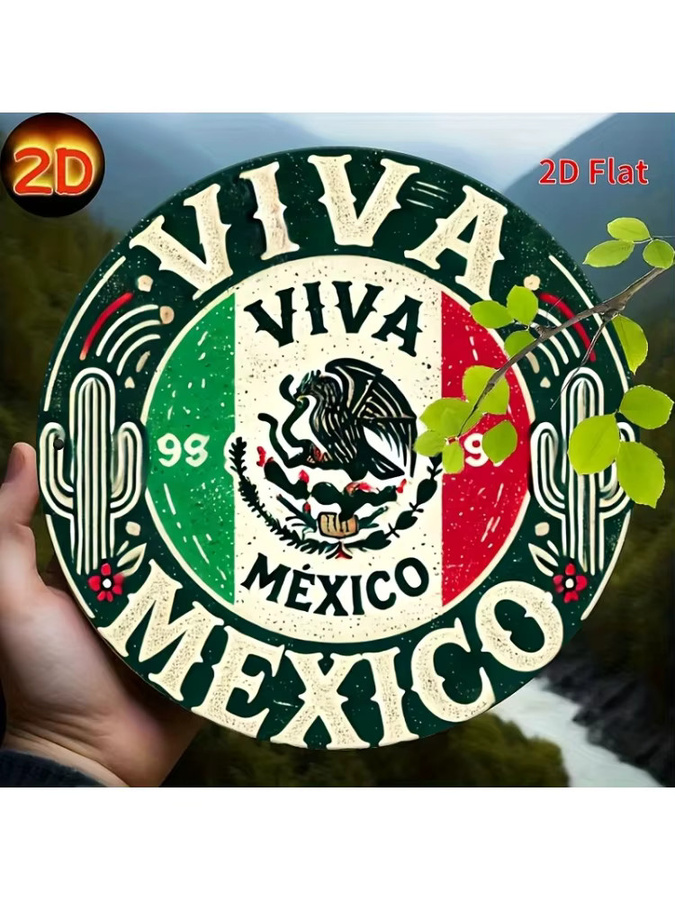 Potdemiel Vintage Mexico Rundes Metallschild mit Kaktus- und Blumenmuster, Durchmesser: 19,81 cm, Mehrfarbig - Bild 5