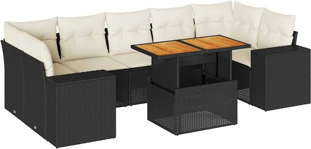 vidaXL 8-teilige Garten-Sofagarnitur aus Poly-Rattan und Akazienholz in Schwarz-Creme mit Kissen - Bild 1