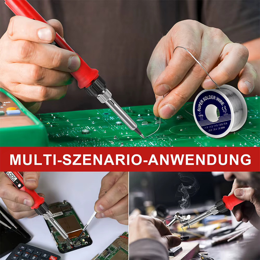 Podofo 80W Lötkolben-Set in Rot mit LCD-Anzeige, einstellbarer Temperatur, Keramikheizspitzen, Pinzette und Lötdraht für Leiterplatten - Bild 2