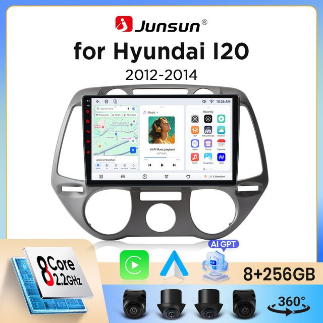 Junsun Wireless CarPlay und Android Auto Autoradio für Hyundai i20 Mk1 (PB) 2008-2014 in Schwarz mit GPS, WiFi, Bluetooth und IPS-Touchscreen - Bild 1