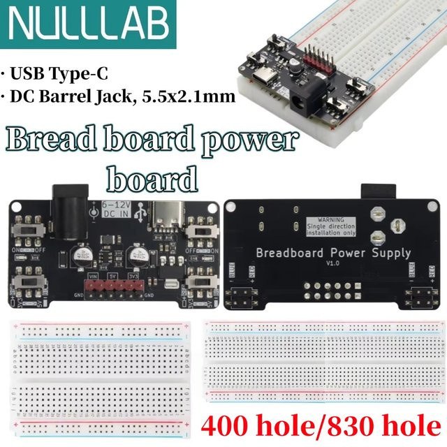 NullLab Breadboard-Stromversorgungsplatine in Schwarz mit 3,3/5V Ausgang, USB-C-Schnittstelle und 2,1 x 5,5 mm DC-Anschluss - Bild 1