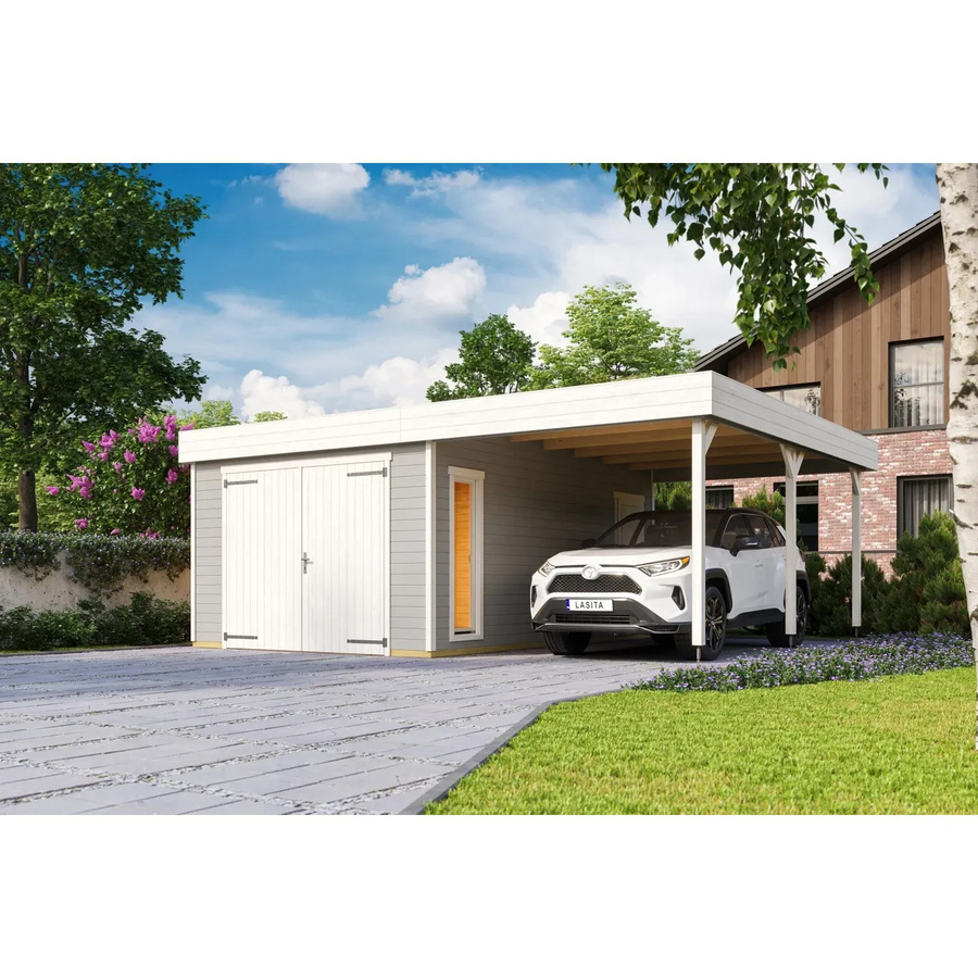 Blockgarage Lasita Maja Bahamas aus Holz in Lichtgrau mit Stufendach und Holztor, B: 820 cm, T: 560 cm - Bild 3