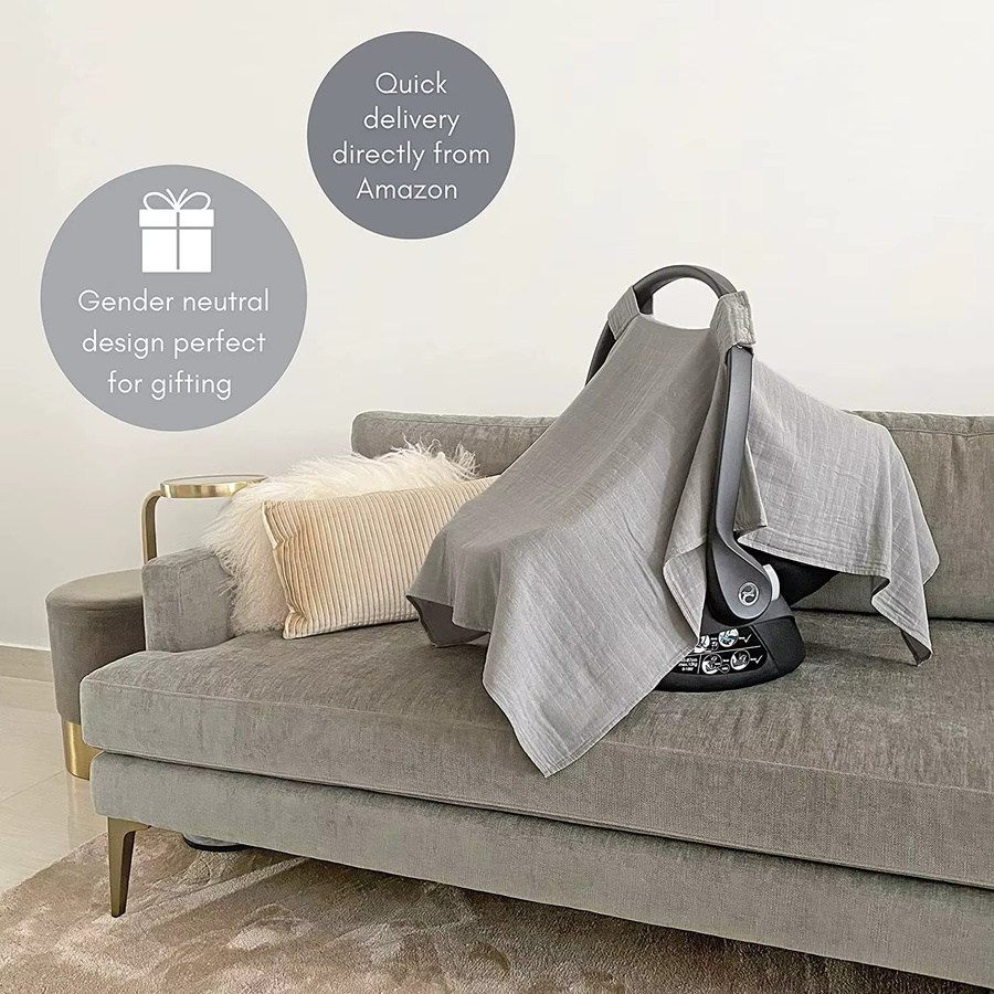 Musselin Kinderwagen Decke aus Baumwolle Gaze als Sonnenschutz und Sicherheits-Sitzdecke in Beige oder Grau - Bild 2