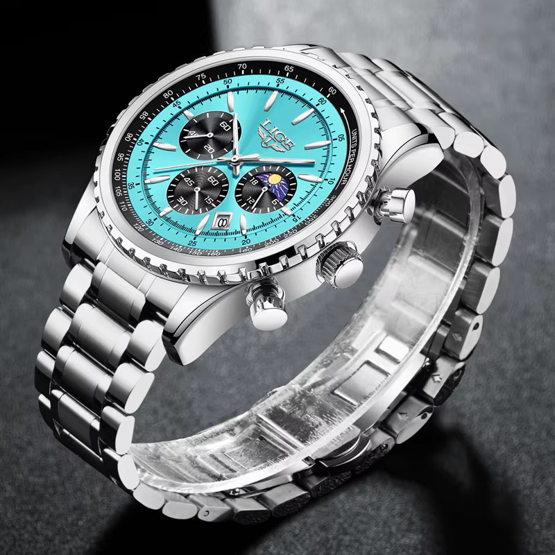 LIGE Chronograph Armbanduhr, Edelstahl, Quarz, Blau, Herren - Bild 4