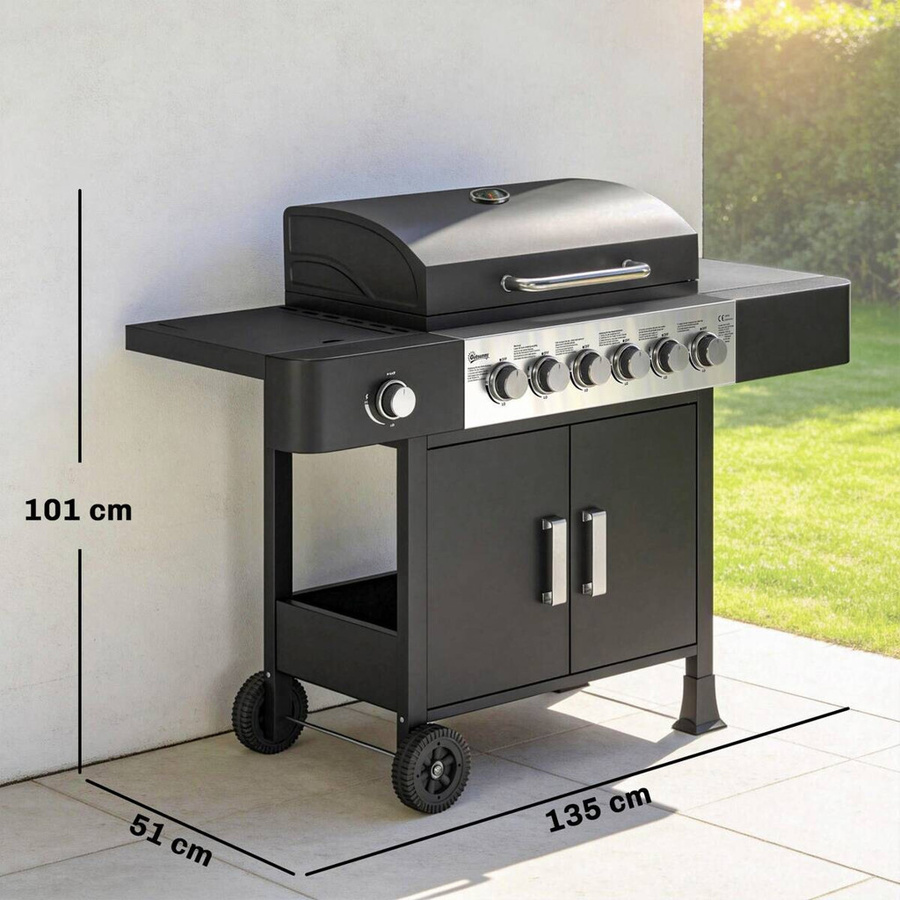 Outsunny Gasgrill aus Edelstahl mit 6+1 Brennern, Seitenbrenner, Thermometer und Rollen, Farbe: Schwarz, B/H/T: 51 x 101 x 135 cm - Bild 4