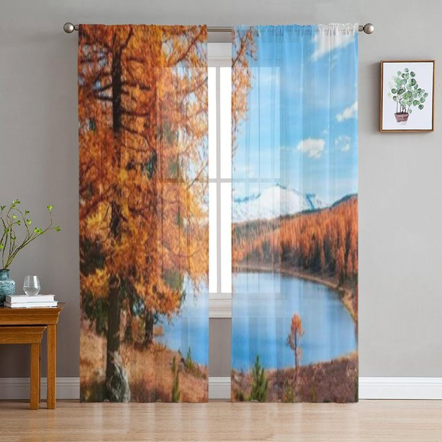 A Family Of Home Textiles Voile Tüll Vorhang mit Berg- und Herbstmotiv für Schlafzimmer, Wohnzimmer oder Küche, B: 135 cm, H: 114 cm - Bild 1