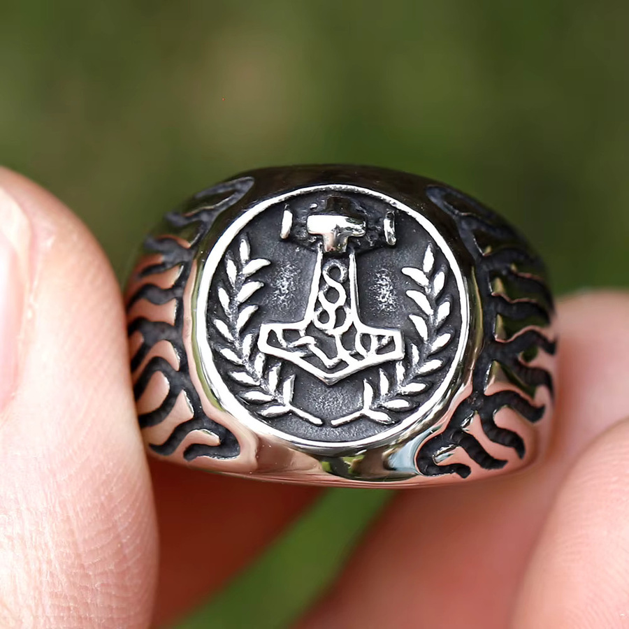 Wikinger Thors Hammer Mjolnir Ring, Edelstahl, Silber, Unisex - Bild 2