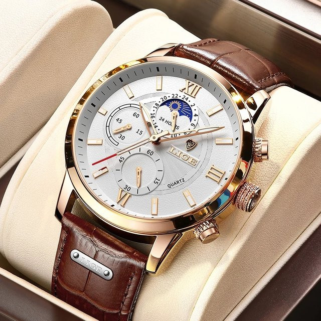 LIGE Chronograph Armbanduhr, Leder, Quarz, Roségold, Herren - Bild 1