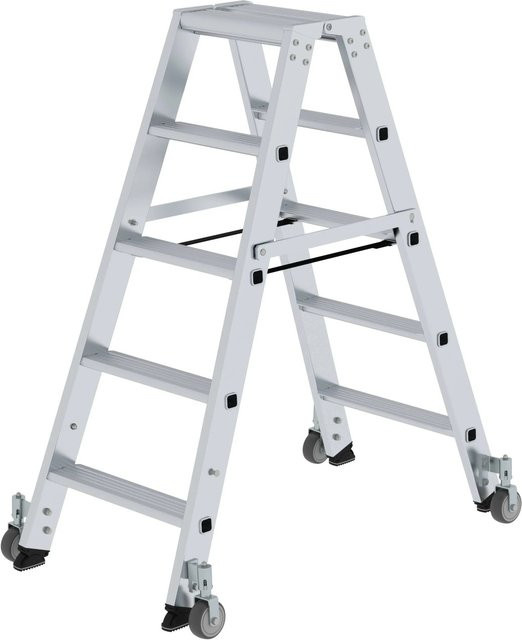PROREGAL Stufen-Stehleiter beidseitig begehbar mit Rollen, Silber, 2 x 5 Stufen - Bild 1