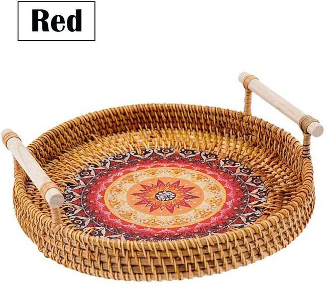 Handgewebtes rundes Serviertablett aus Rattan mit Holzgriffen in Braun, Durchmesser: 22 cm - Bild 1