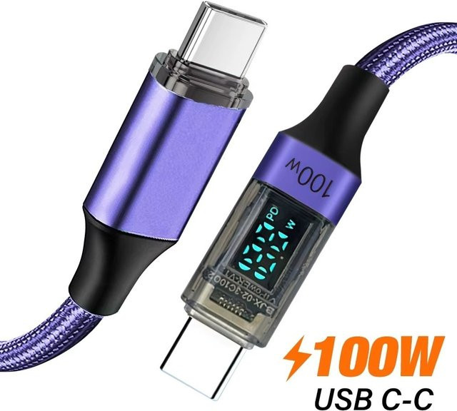 100 W USB-C auf USB-C Datenkabel mit Digitalanzeige und Schnellladefunktion in Lila - Bild 1