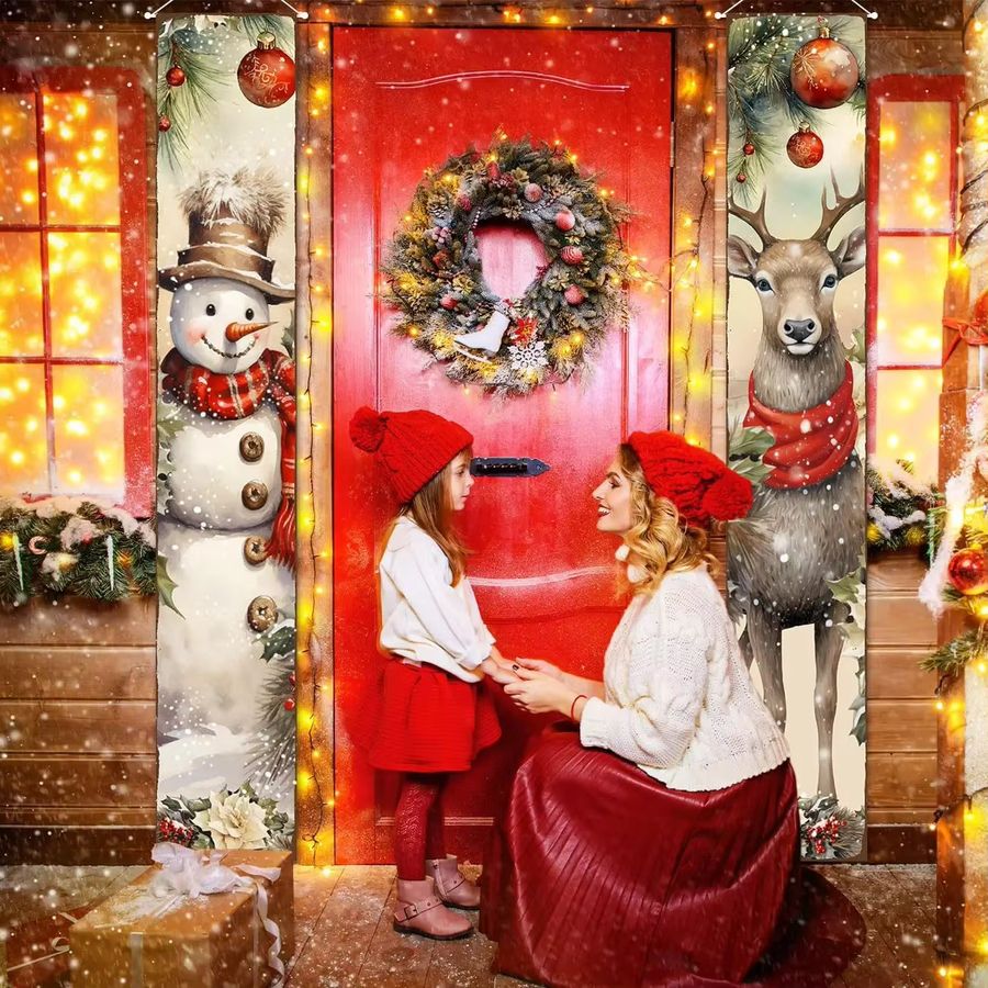 VIKAMA Weihnachts Türbanner mit Schneemann und Hirsch für Indoor und Outdoor als Willkommensschild zur Weihnachtsdekoration - Bild 2