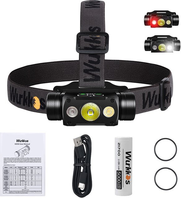 Wurkkos HD50 LED-Stirnlampe in Schwarz mit 4000 Lumen, wiederaufladbar mit 21700 Akku, rotes Licht und magnetischem Rücklicht - Bild 1