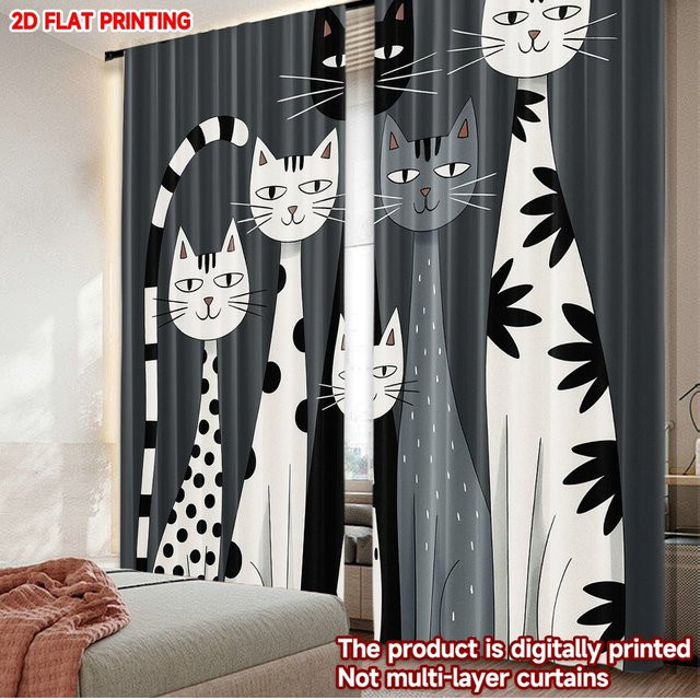 2er-Set Szenenvorhänge mit Cartoon-Katzen-Motiv, digital bedruckte Polyester-Vorhänge für den Innenbereich, Mehrfarbig - Bild 1