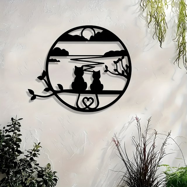 CIFBUY Metall-Wandkunst Sonnenuntergang mit zwei Katzen und Herz-Sonne in Schwarz als moderne Dekoration für Wohnzimmer, Schlafzimmer und Garten - Bild 1