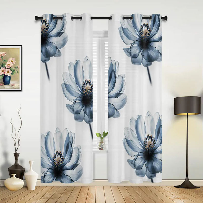 Moderne halbtransparente Fenstergardine mit blauem Blumenmuster von Super Six, Farbe: Grau, Breite: 135 cm, Höhe: 60 cm - Bild 3