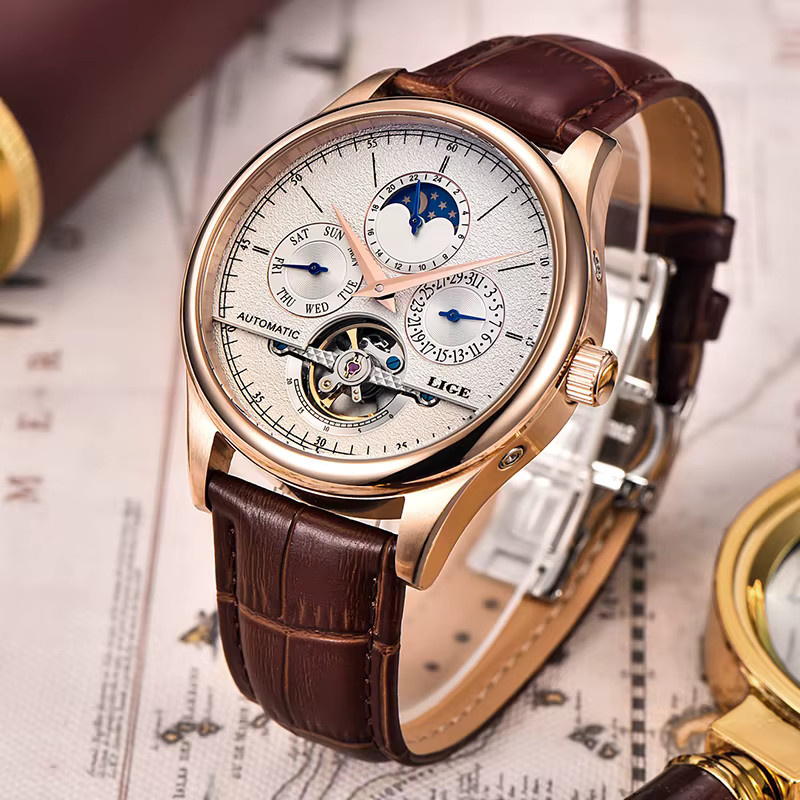 LIGE Armbanduhr Tourbillon, Automatik, Leder, Herren - Bild 4