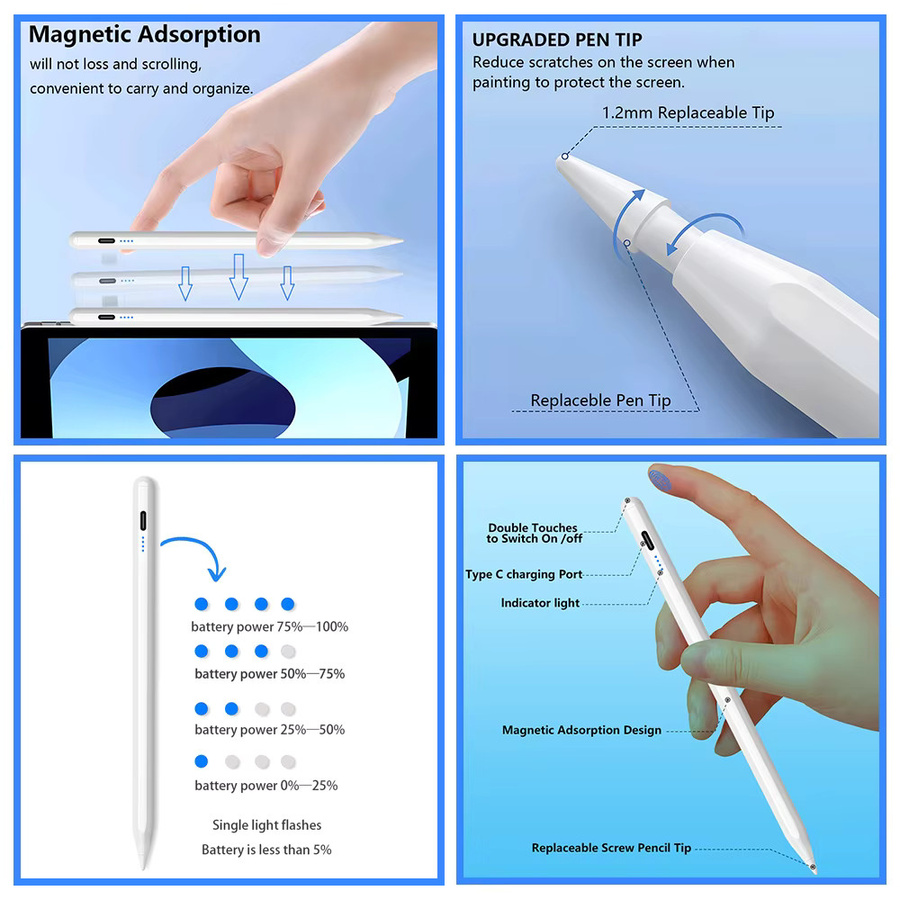 QUKAM Stylus für Apple Pencil 2, Ersatz-Stift mit Palm Rejection für iPad Air 6 M2, iPad Air 5, iPad Pro 11 und 12.9 Zoll, Farbe: Weiß - Bild 3
