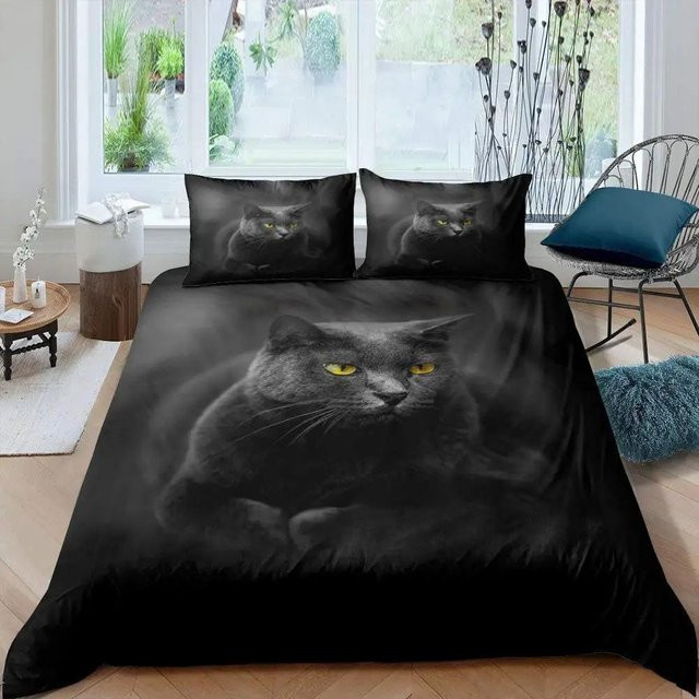 Bettwäsche Set Binchi Fitness Schwarze Katze mit Kissenbezug, Dunkelblau und Schwarz, B/H: 140 x 200 cm - Bild 1
