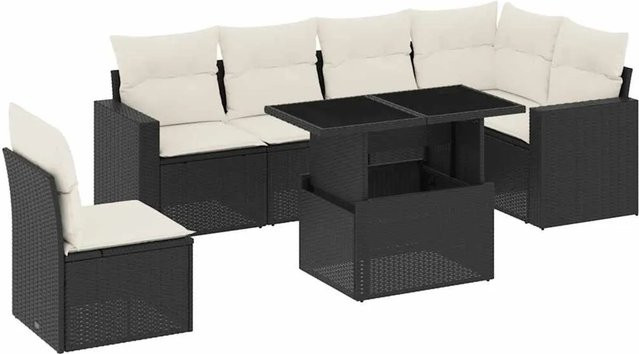 vidaXL 7-teilige Garten-Sofagarnitur aus Poly-Rattan mit Kissen in Schwarz-Creme - Bild 1