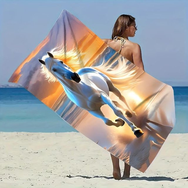 JMG Household Supplies Strandtuch mit weißem Pferd Motiv, schnelltrocknend und weich, Farbe: Weiß/Mehrfarbig, B/H: 70 x 140 cm - Bild 1