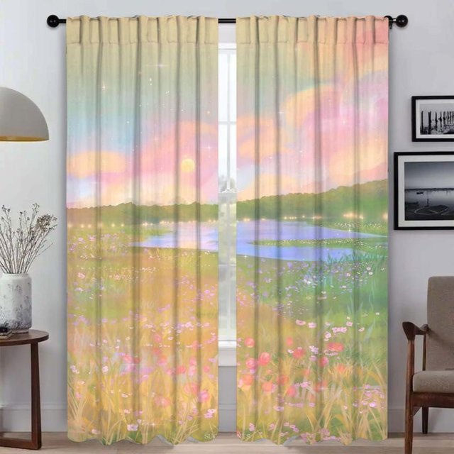 Landschaft Schatten Vorhänge für Schlafzimmer und Wohnzimmer, 2er-Set halbtransparent mit Grafikprint, Mehrfarbig, Breite: 50 cm, Höhe: 70 cm - Bild 1