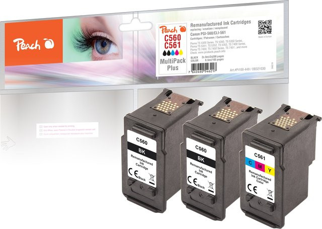 Peach C560 Tintenpatronen-Set mit 3 Druckköpfen (2x Schwarz, 1x Farbe) für Canon Pixma TS 5350 i, TS 7450 a und TS 7451 a, ersetzt Canon PG-560 3713C001, wiederaufbereitet - Bild 1