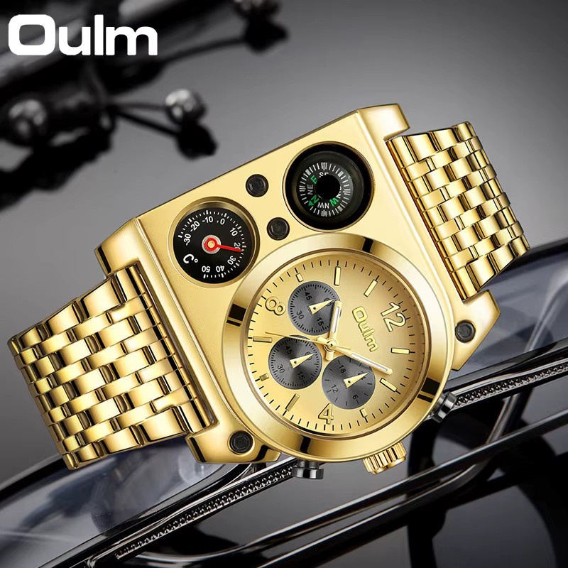 Oulm Armbanduhr Quarz, Kompass, Temperatur Display, Edelstahl, Gold, Herren - Bild 4